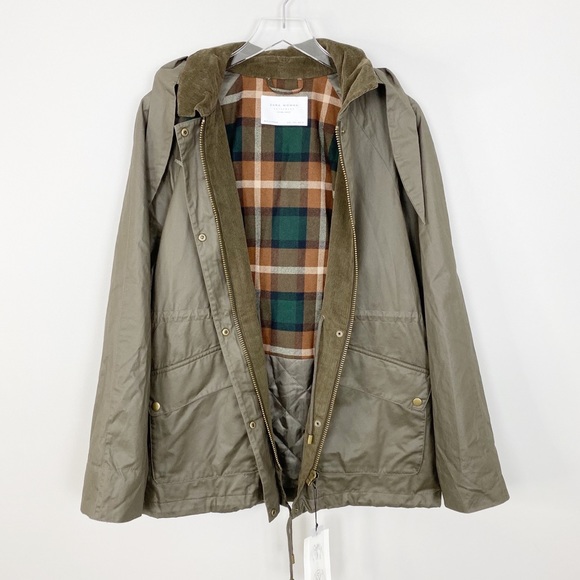 ZARA Waxed Utility Jacket Parka L Field Green Hood - Picture 2 of 8